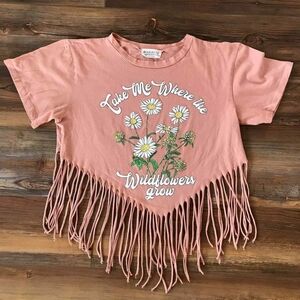 Moonchild Flower Themed With Fringe Short Sleeve Crop Top